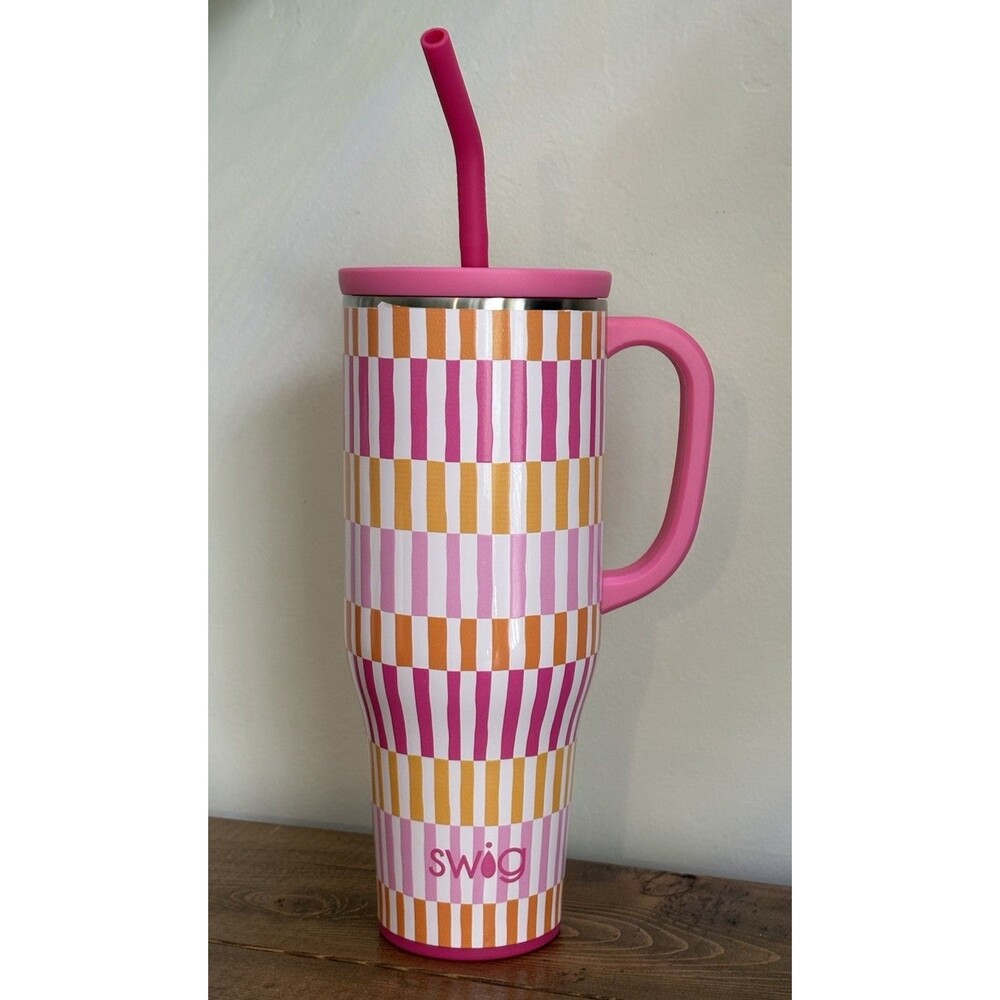 Swig Life Mega Mug Sherbet Stripe Tumbler w/Handle & Straw 40 Oz Cabana Stripe